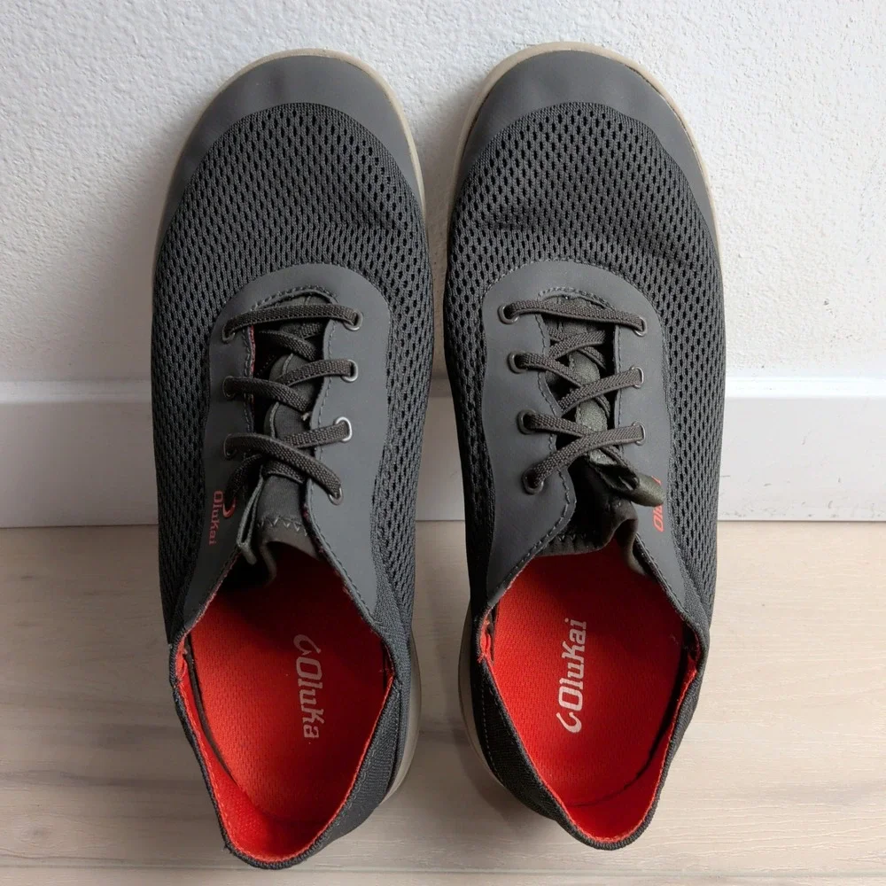 OluKai Moku Pae Mens 11 Boat Shoes Dark Wood Trench Blue Mesh Sneakers
